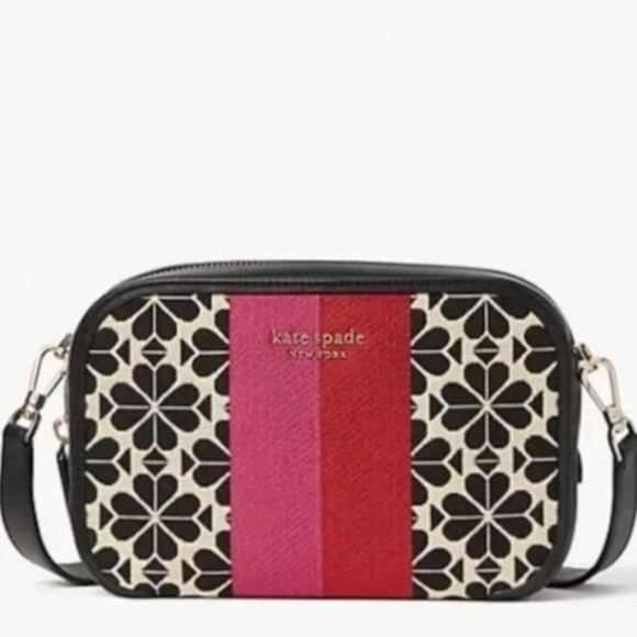 NWT Spade Flower Jacquard Stripe Medium Camera Bag Black, Cream, Pink - So Cute! - Picture 1 of 5
